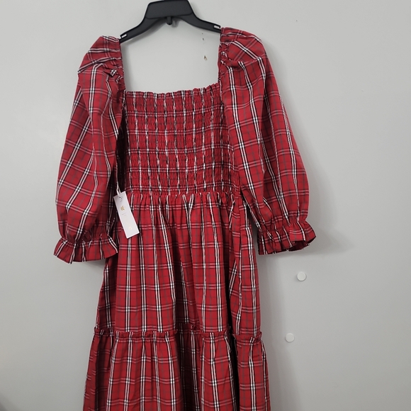 J.Marie Rayna Plaid Square Neck Ruched Puff Sleeve Midi Dress - Picture 6 of 8